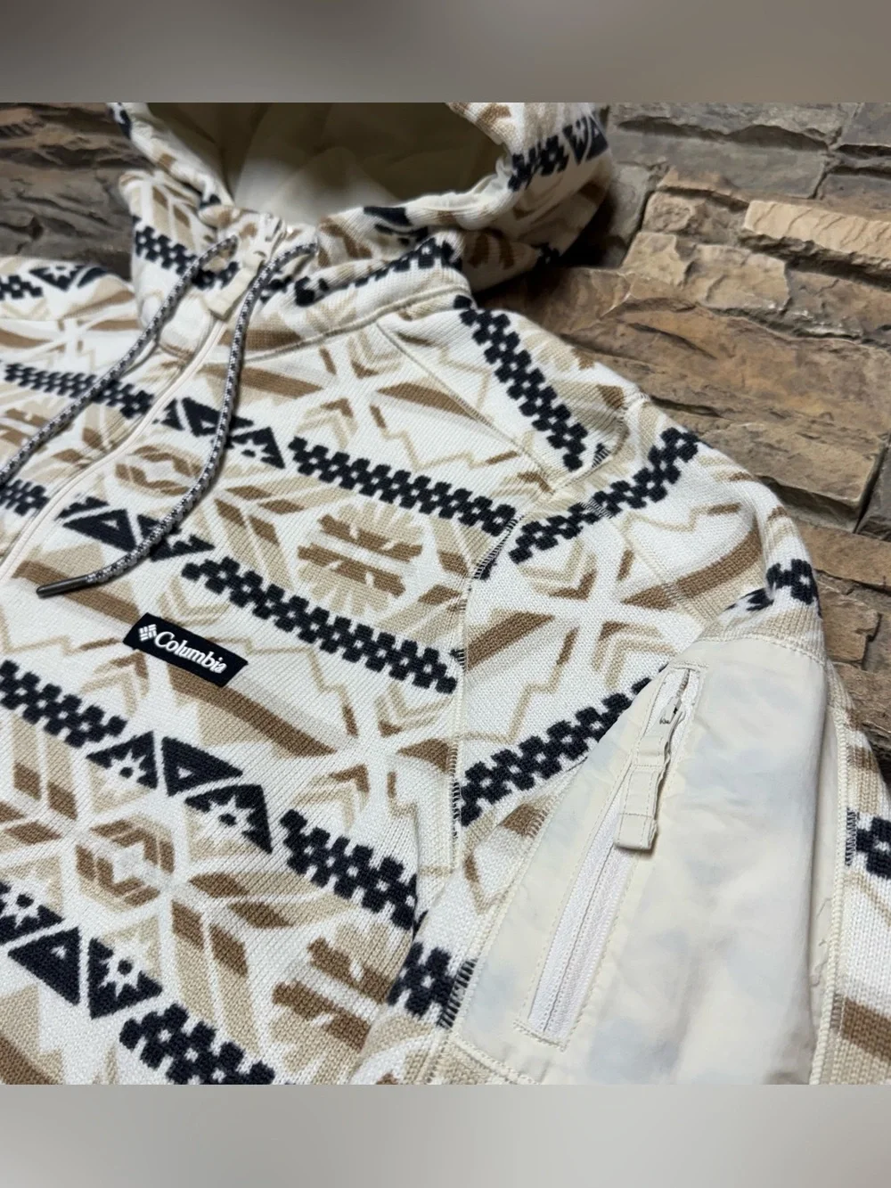 Columbia Sweater Weather Hooded Jacket Women XL Cream Aztec Print Fleece Pullove